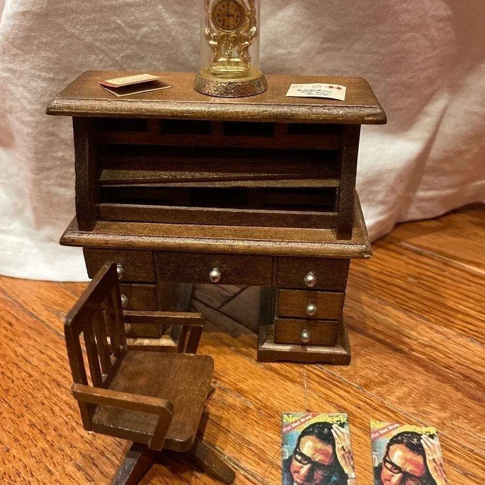 Roll Top Desk Wooden Working Drawers Vintage Dollhouse Miniature Furniture